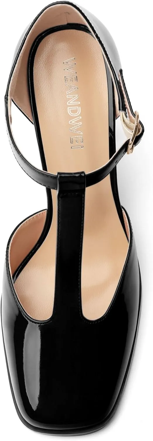Womens T Strap Mary Janes Pumps, Square Toe Block High Heel Ankle Strap Shoes for Women