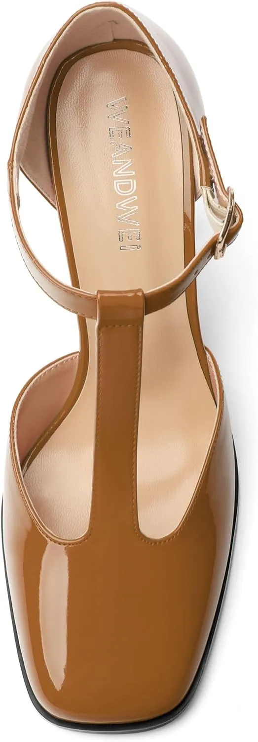 Womens T Strap Mary Janes Pumps, Square Toe Block High Heel Ankle Strap Shoes for Women