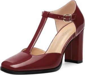 Womens T Strap Mary Janes Pumps, Square Toe Block High Heel Ankle Strap Shoes for Women
