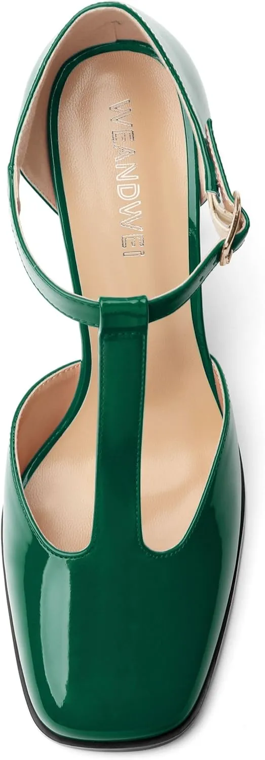 Womens T Strap Mary Janes Pumps, Square Toe Block High Heel Ankle Strap Shoes for Women