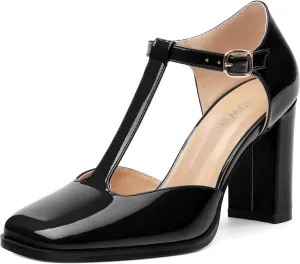 Womens T Strap Mary Janes Pumps, Square Toe Block High Heel Ankle Strap Shoes for Women