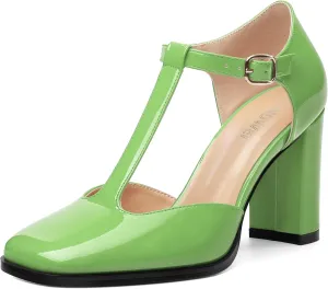 Womens T Strap Mary Janes Pumps, Square Toe Block High Heel Ankle Strap Shoes for Women