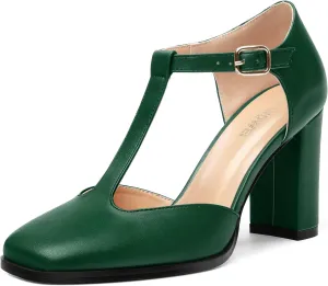 Womens T Strap Mary Janes Pumps, Square Toe Block High Heel Ankle Strap Shoes for Women
