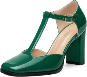 Womens T Strap Mary Janes Pumps, Square Toe Block High Heel Ankle Strap Shoes for Women