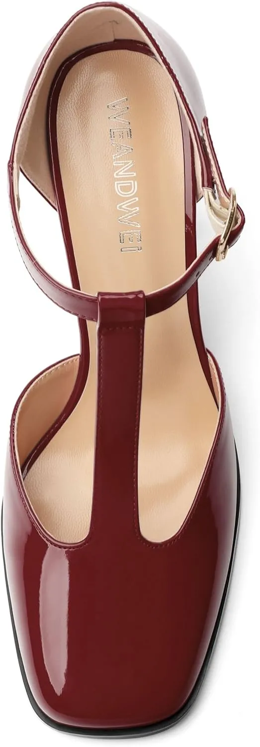 Womens T Strap Mary Janes Pumps, Square Toe Block High Heel Ankle Strap Shoes for Women