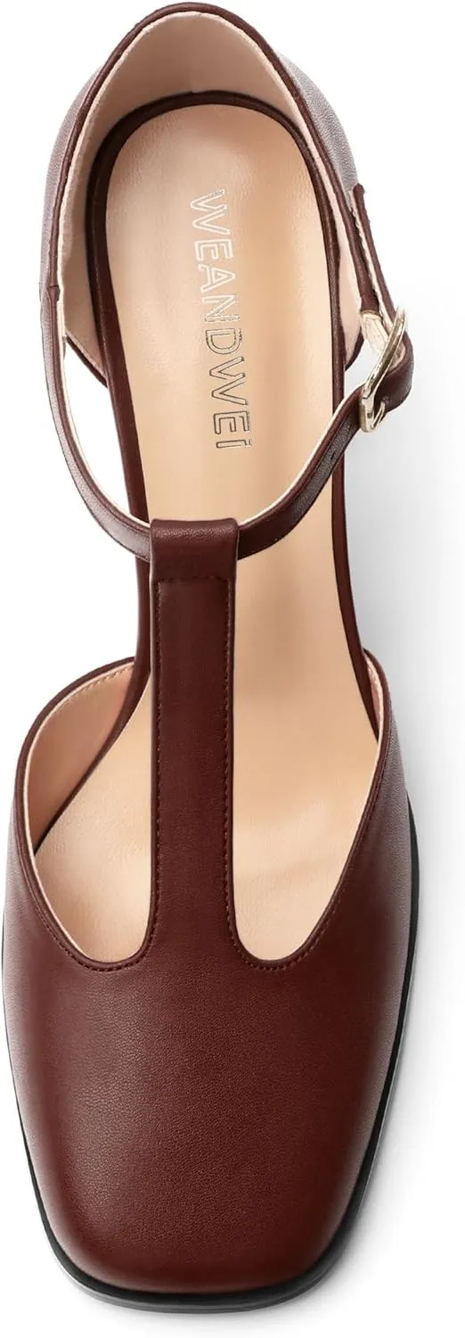 Womens T Strap Mary Janes Pumps, Square Toe Block High Heel Ankle Strap Shoes for Women