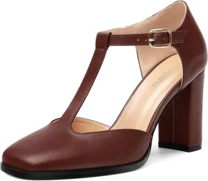 Womens T Strap Mary Janes Pumps, Square Toe Block High Heel Ankle Strap Shoes for Women