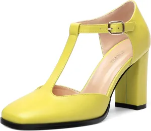 Womens T Strap Mary Janes Pumps, Square Toe Block High Heel Ankle Strap Shoes for Women