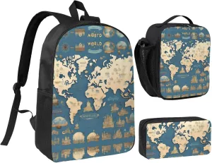 World Map print 3 Piece Backpack Bags with Lunch Box Pencil Case Set for Travel Work Camping Unisex