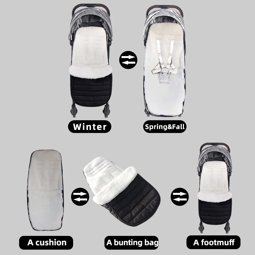 XIFAMNIY Universal Baby Thicken Stroller Footmuff Bunting Sleeping Bag to Protect Baby from Winter Cold Weather in Pushchair, Pram, Car Seats (Black-Lamb wool)