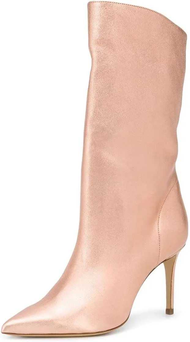 XYD Women Classic Solid Color Suede/Synthetic Pointed Toe Knee High Boots Stiletto Heel Pumps Pull On Comfort Wide Calf Winter Shoes