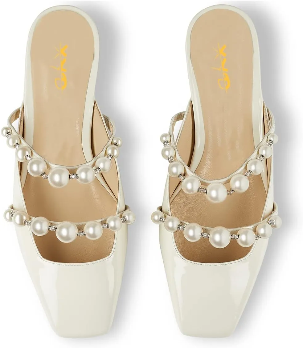 XYD Women Mule Flats with Pearls Strappy Square Toe Stylish Beaded Slides Sandals Comfort Slip On Dating Casual Shoes