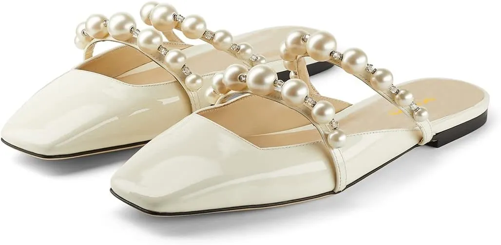 XYD Women Mule Flats with Pearls Strappy Square Toe Stylish Beaded Slides Sandals Comfort Slip On Dating Casual Shoes
