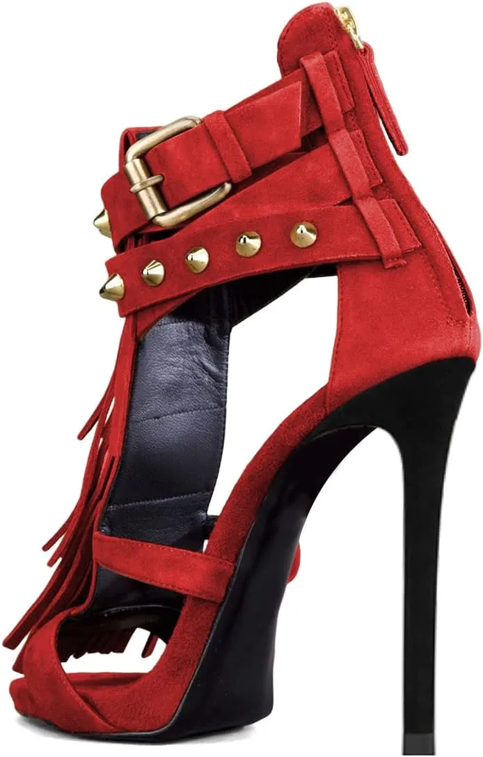 XYD Women Sexy Rivets Tassels Open Toe Pumps Buckled High Heel Cutout Stiletto Sandals with Back Zipper Nightclub Cocktail Party Fashion Shoes