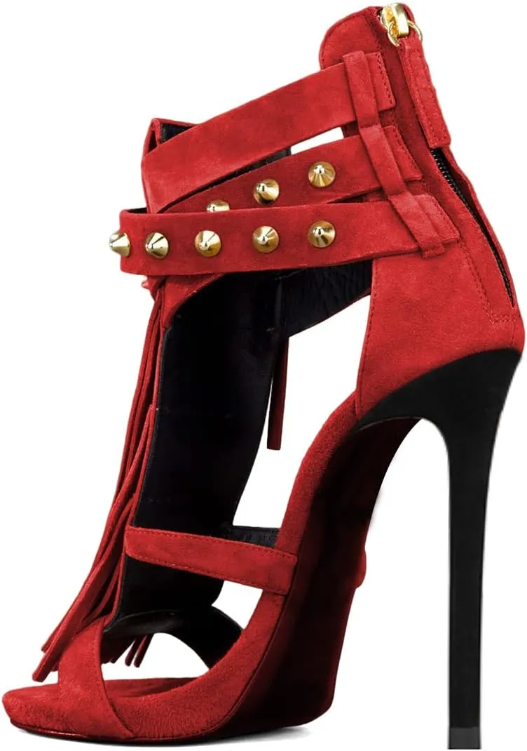 XYD Women Sexy Rivets Tassels Open Toe Pumps Buckled High Heel Cutout Stiletto Sandals with Back Zipper Nightclub Cocktail Party Fashion Shoes