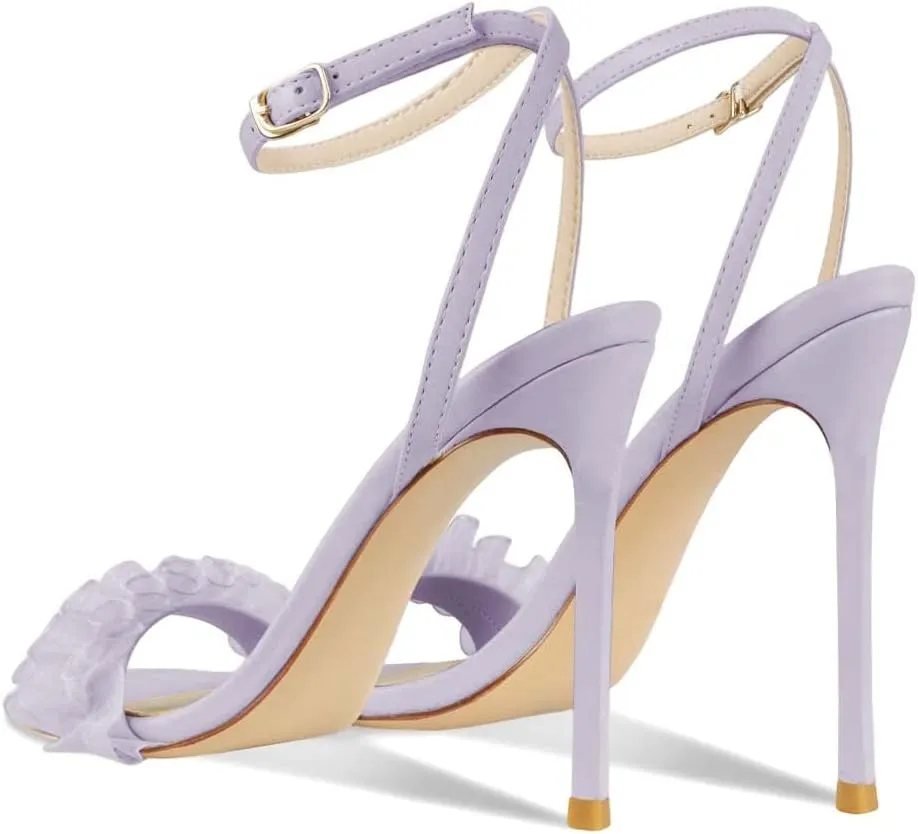 XYD Women Summer Open Round Toe Ruffles Ankle Strap Sandals High Heel Stiletto Adjustable Buckle Pumps Prom Party Dressy Shoes
