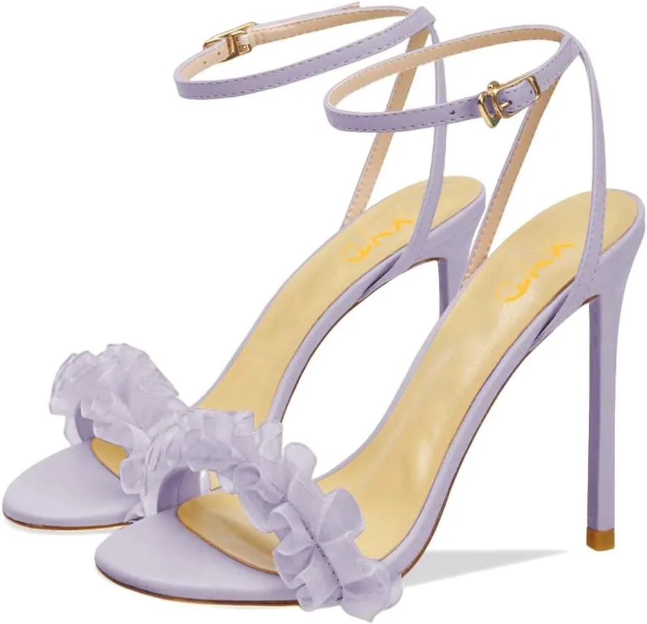 XYD Women Summer Open Round Toe Ruffles Ankle Strap Sandals High Heel Stiletto Adjustable Buckle Pumps Prom Party Dressy Shoes