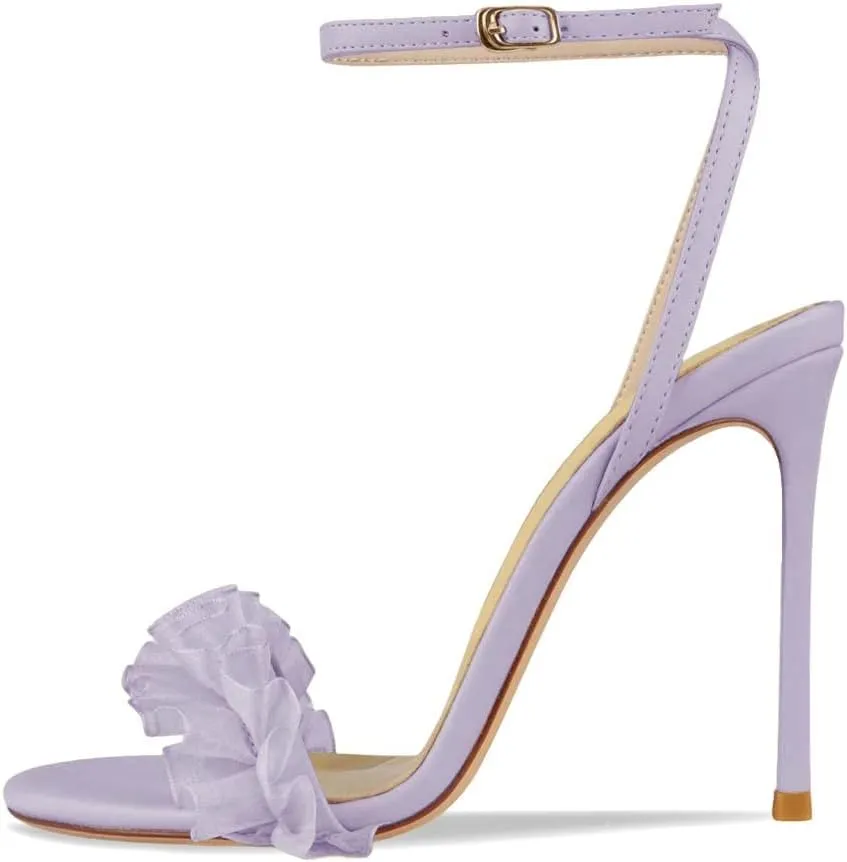 XYD Women Summer Open Round Toe Ruffles Ankle Strap Sandals High Heel Stiletto Adjustable Buckle Pumps Prom Party Dressy Shoes