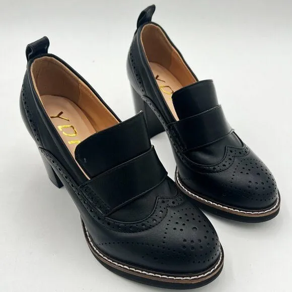 YDN Black Chunky High Heels Round Toe Oxford Loafer Shoe
