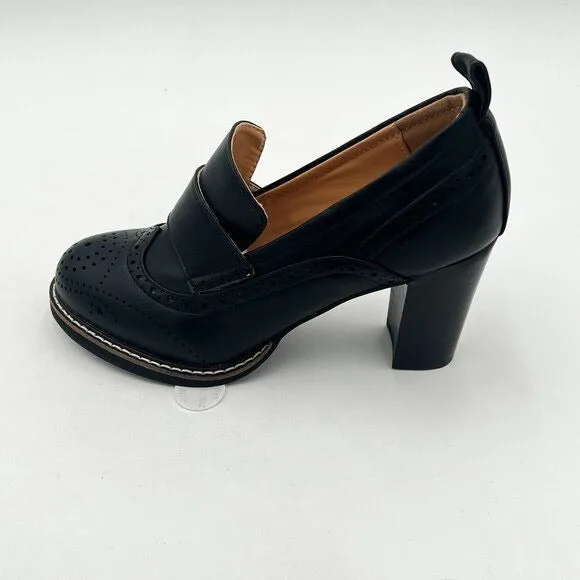 YDN Black Chunky High Heels Round Toe Oxford Loafer Shoe