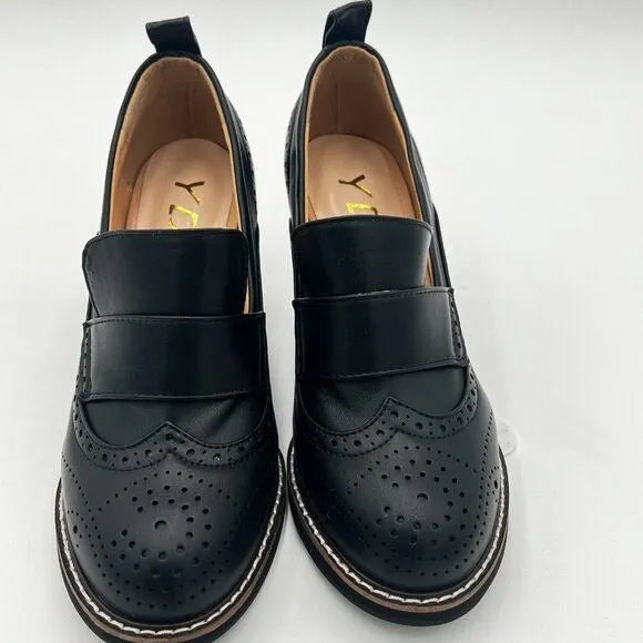 YDN Black Chunky High Heels Round Toe Oxford Loafer Shoe