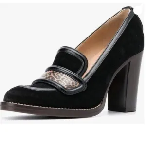 YDN Black Leopard-strapChunky High Heels Round Toe Oxford Loafer