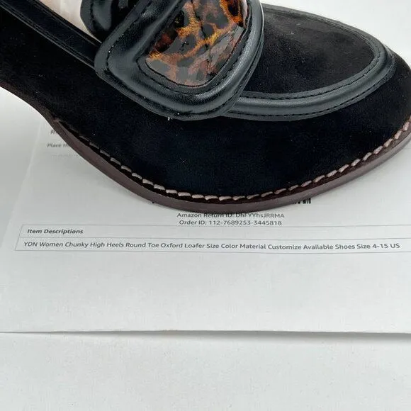 YDN Black Leopard-strapChunky High Heels Round Toe Oxford Loafer