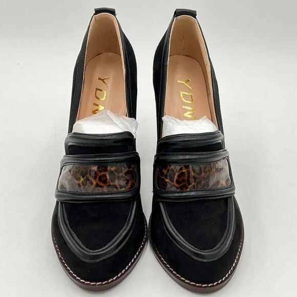 YDN Black Leopard-strapChunky High Heels Round Toe Oxford Loafer