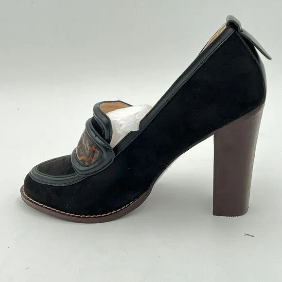 YDN Black Leopard-strapChunky High Heels Round Toe Oxford Loafer
