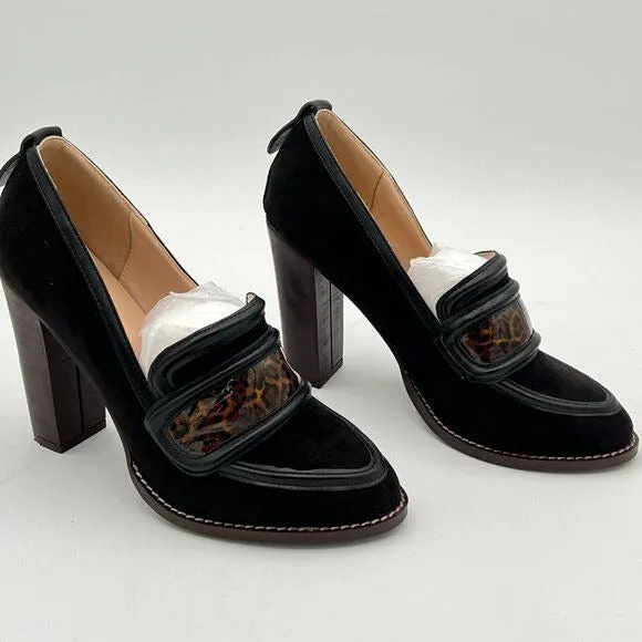 YDN Black Leopard-strapChunky High Heels Round Toe Oxford Loafer