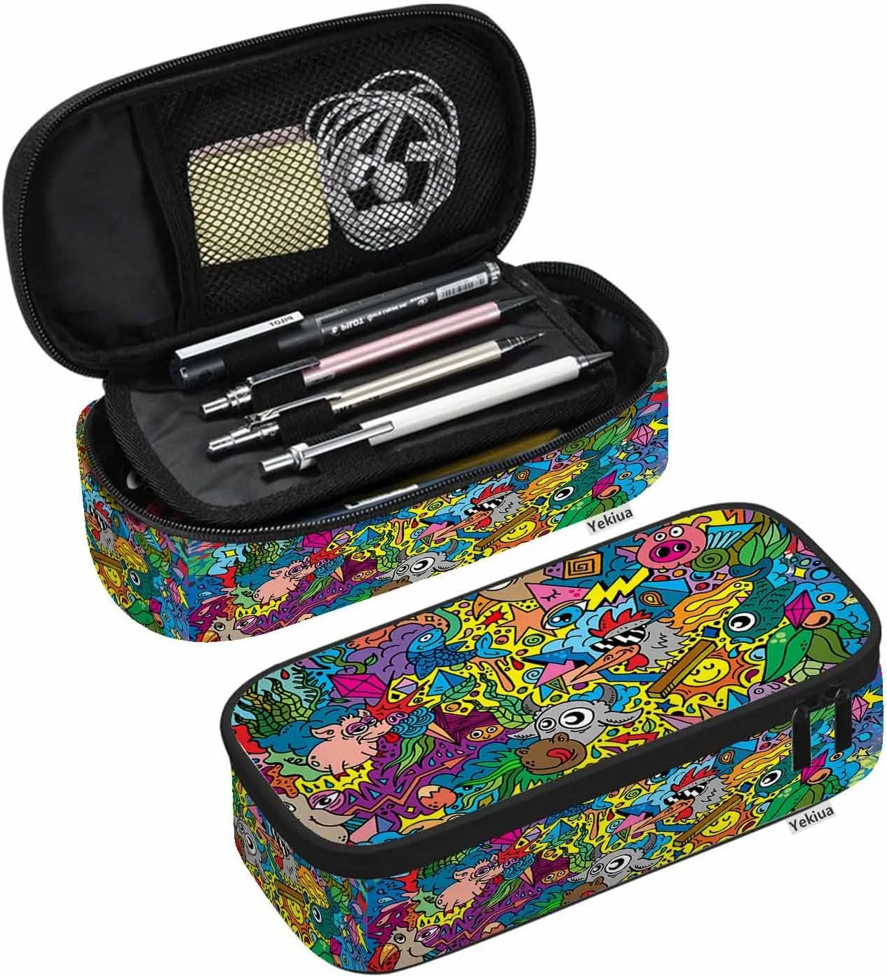 Yekiua Animals Doodle Pencil Case Organizer Cute Funny Cartoons Comic Book College Office Big Capacity Pencil Bag Colorful