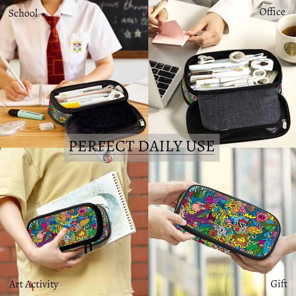 Yekiua Animals Doodle Pencil Case Organizer Cute Funny Cartoons Comic Book College Office Big Capacity Pencil Bag Colorful