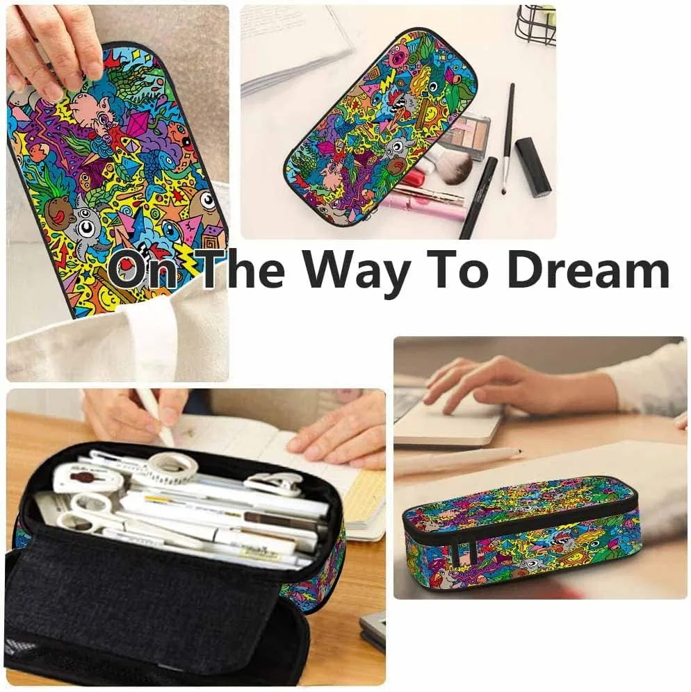 Yekiua Animals Doodle Pencil Case Organizer Cute Funny Cartoons Comic Book College Office Big Capacity Pencil Bag Colorful
