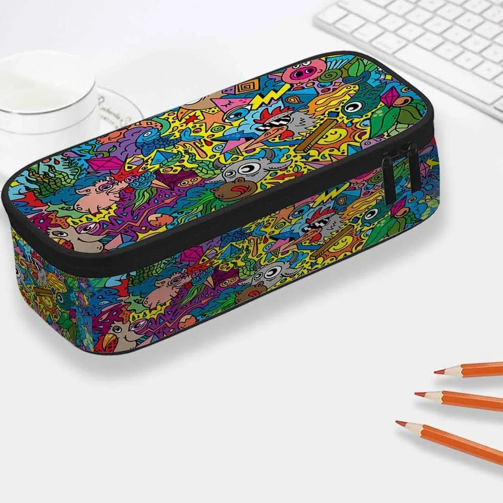 Yekiua Animals Doodle Pencil Case Organizer Cute Funny Cartoons Comic Book College Office Big Capacity Pencil Bag Colorful