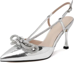 Zamikoo Rhinestone Bow Heels for Women Slingback Pointed Toe High Heels 3.5 Inches