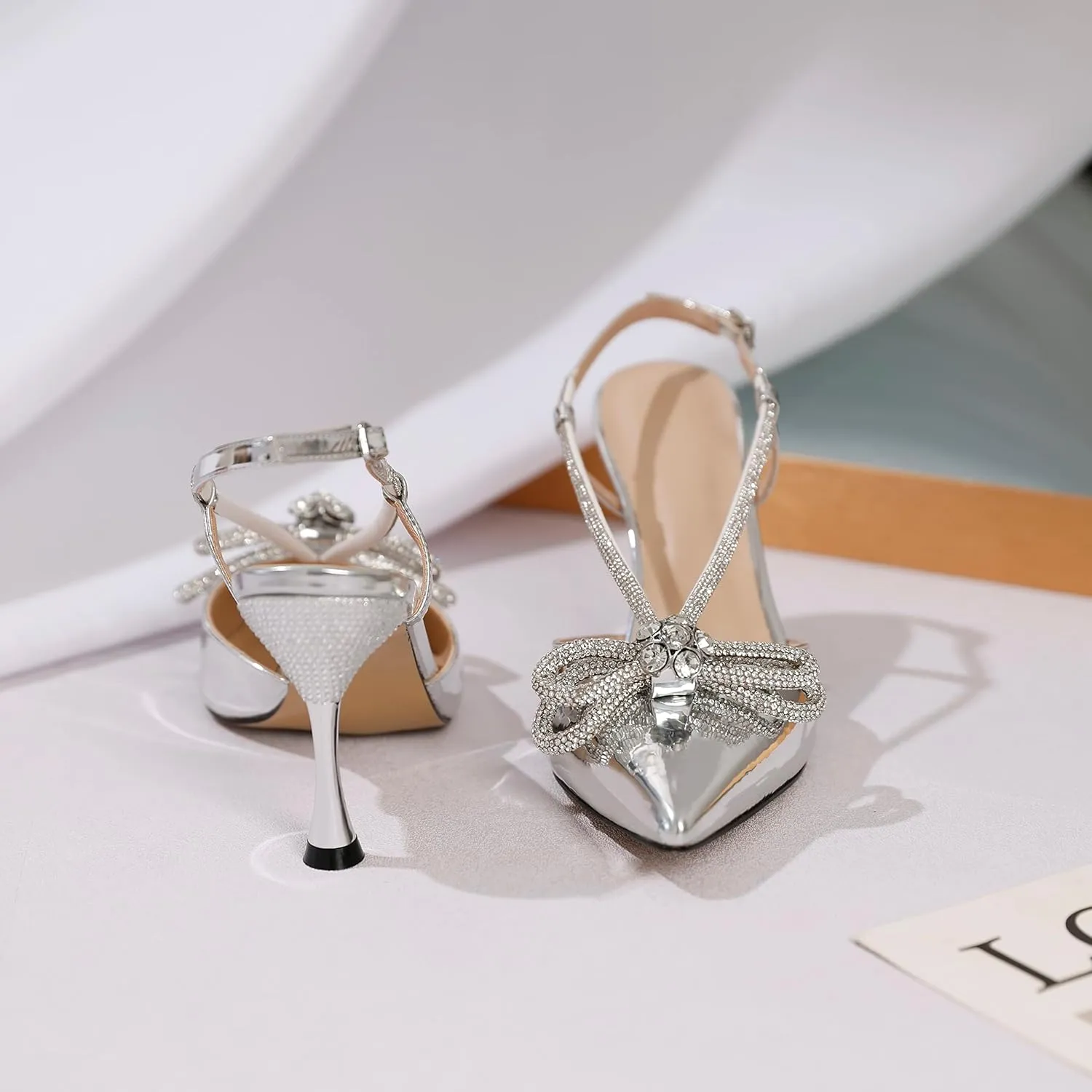 Zamikoo Rhinestone Bow Heels for Women Slingback Pointed Toe High Heels 3.5 Inches