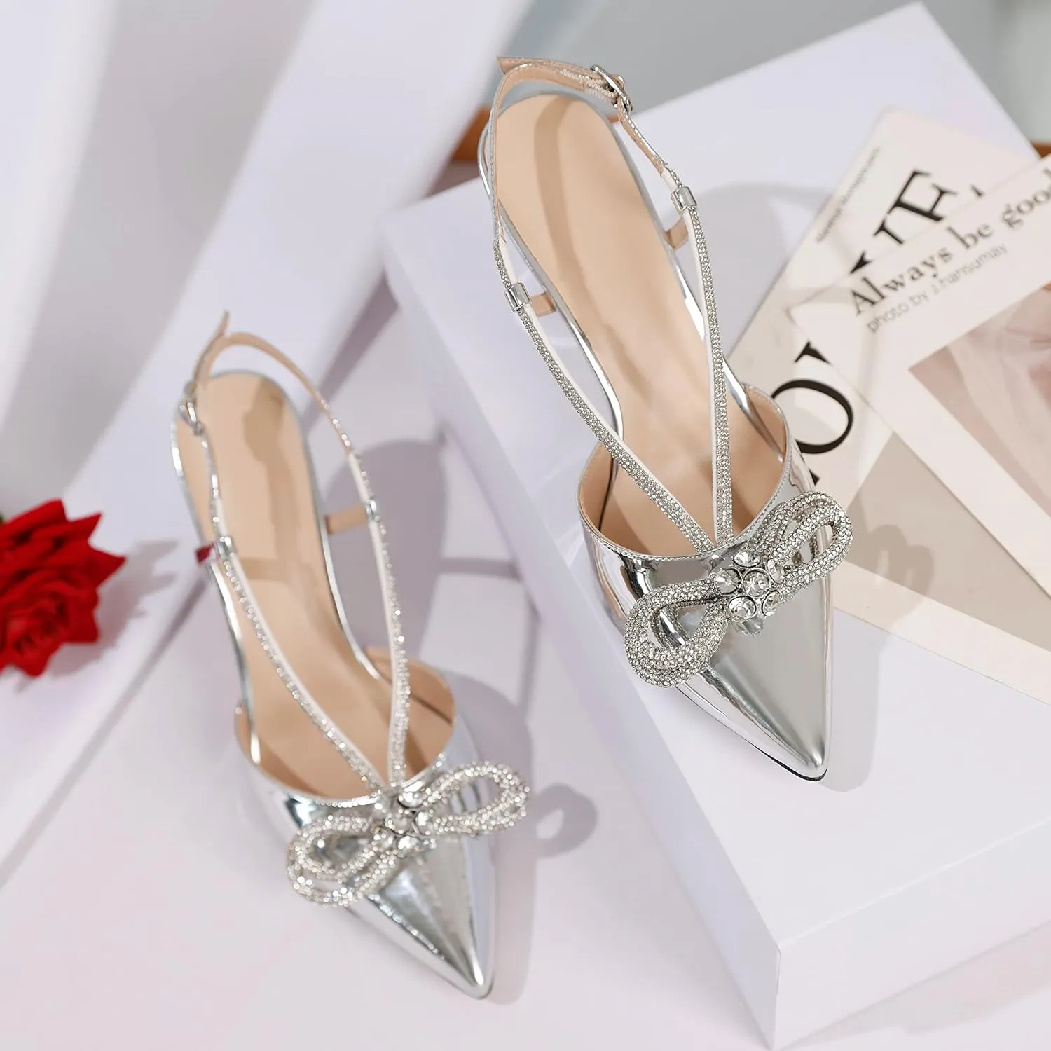 Zamikoo Rhinestone Bow Heels for Women Slingback Pointed Toe High Heels 3.5 Inches