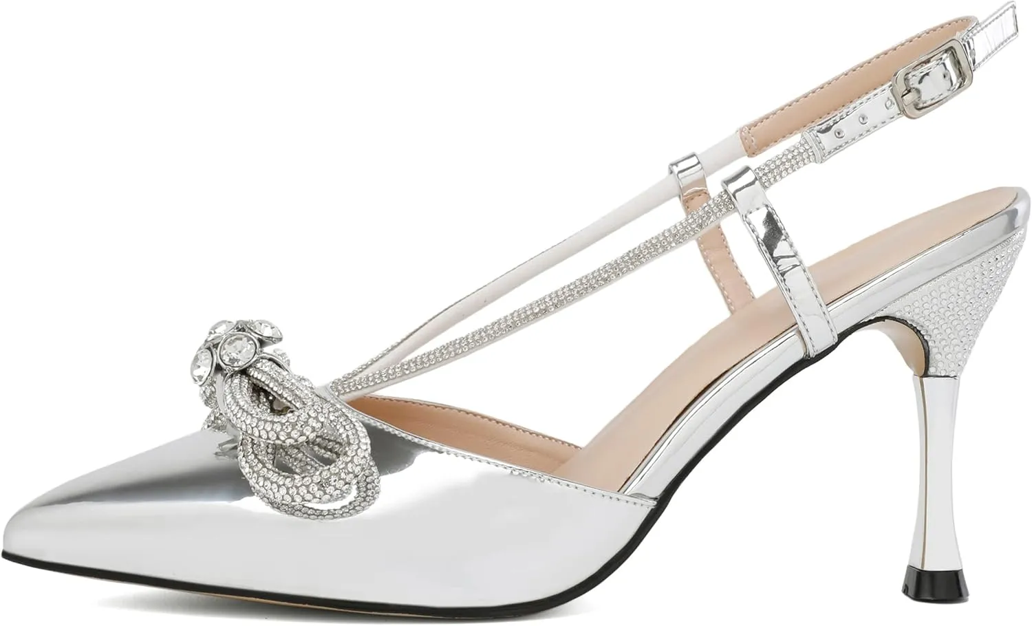 Zamikoo Rhinestone Bow Heels for Women Slingback Pointed Toe High Heels 3.5 Inches