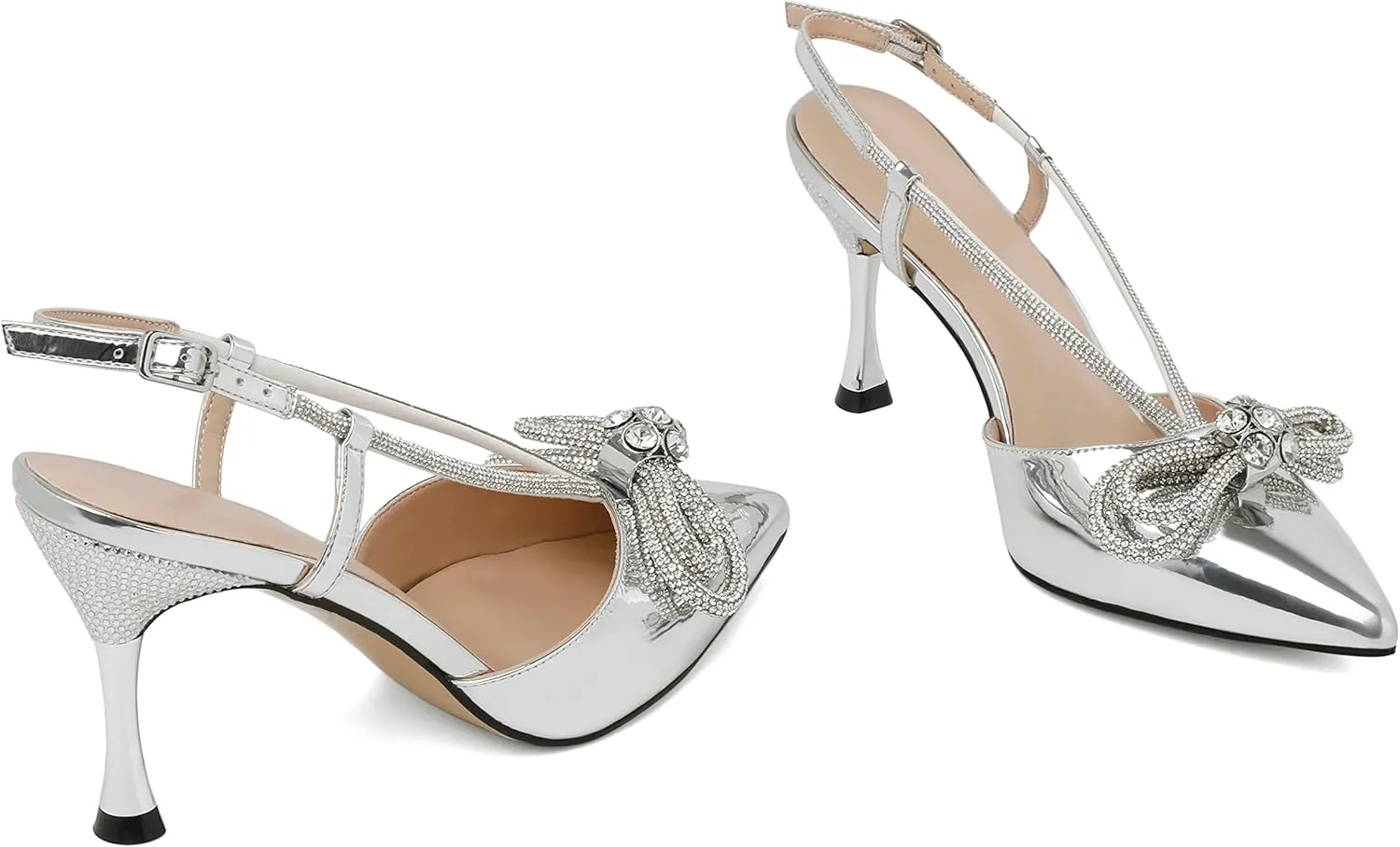 Zamikoo Rhinestone Bow Heels for Women Slingback Pointed Toe High Heels 3.5 Inches