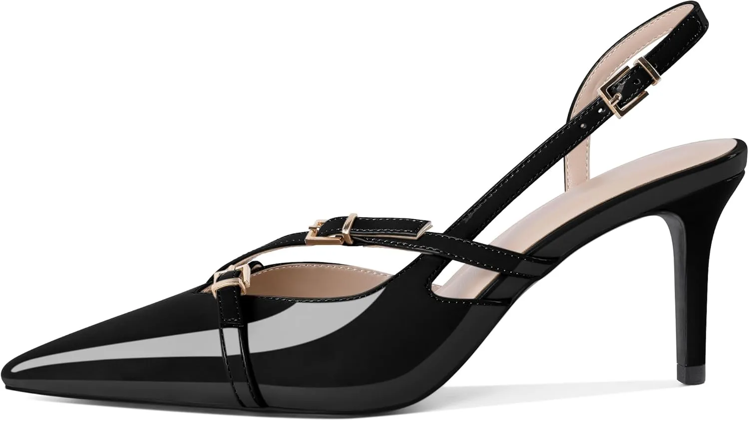 Zamikoo Slingback Heels for Women Buckle Strap Pointed Toe Slip On Stiletto High Heel Pumps Shoes Patent Leather 3 Inches