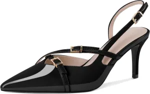 Zamikoo Slingback Heels for Women Buckle Strap Pointed Toe Slip On Stiletto High Heel Pumps Shoes Patent Leather 3 Inches