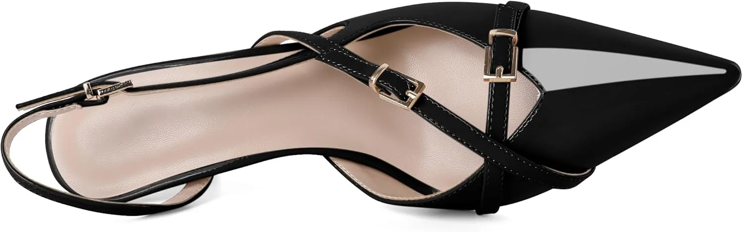 Zamikoo Slingback Heels for Women Buckle Strap Pointed Toe Slip On Stiletto High Heel Pumps Shoes Patent Leather 3 Inches
