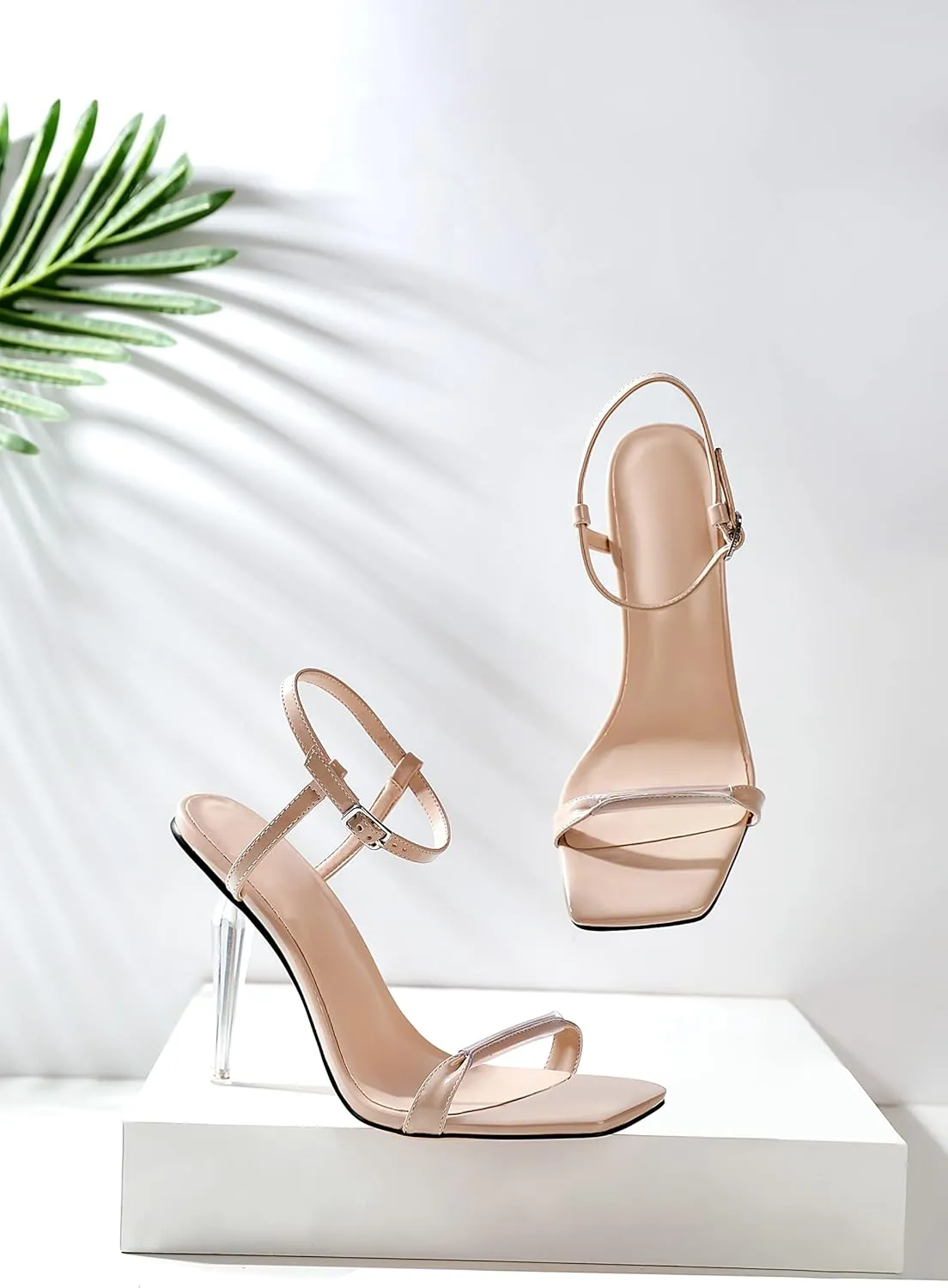 Zamikoo Women's High Heel Sandals, Ankle Strap Open Toe Heels, Square Toe Clear Stiletto Heeled Sandals 4 Inch