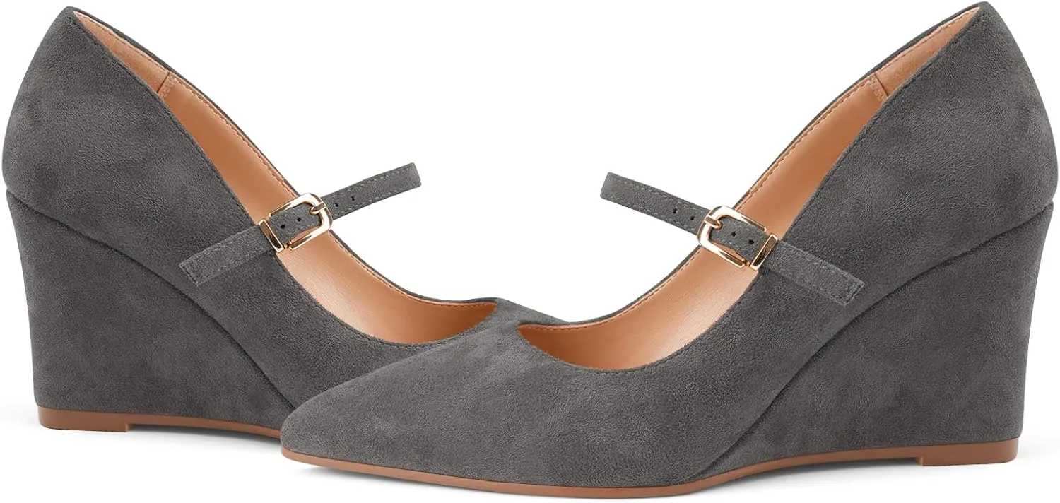 Z.Oufeier Womens Pointy Toe Suede Buckle Ankle Strap Mary Jane Wedge High Heels Wedding Party Dress Business Pumps Shoes 3.4 Inches