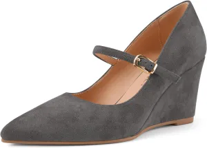 Z.Oufeier Womens Pointy Toe Suede Buckle Ankle Strap Mary Jane Wedge High Heels Wedding Party Dress Business Pumps Shoes 3.4 Inches
