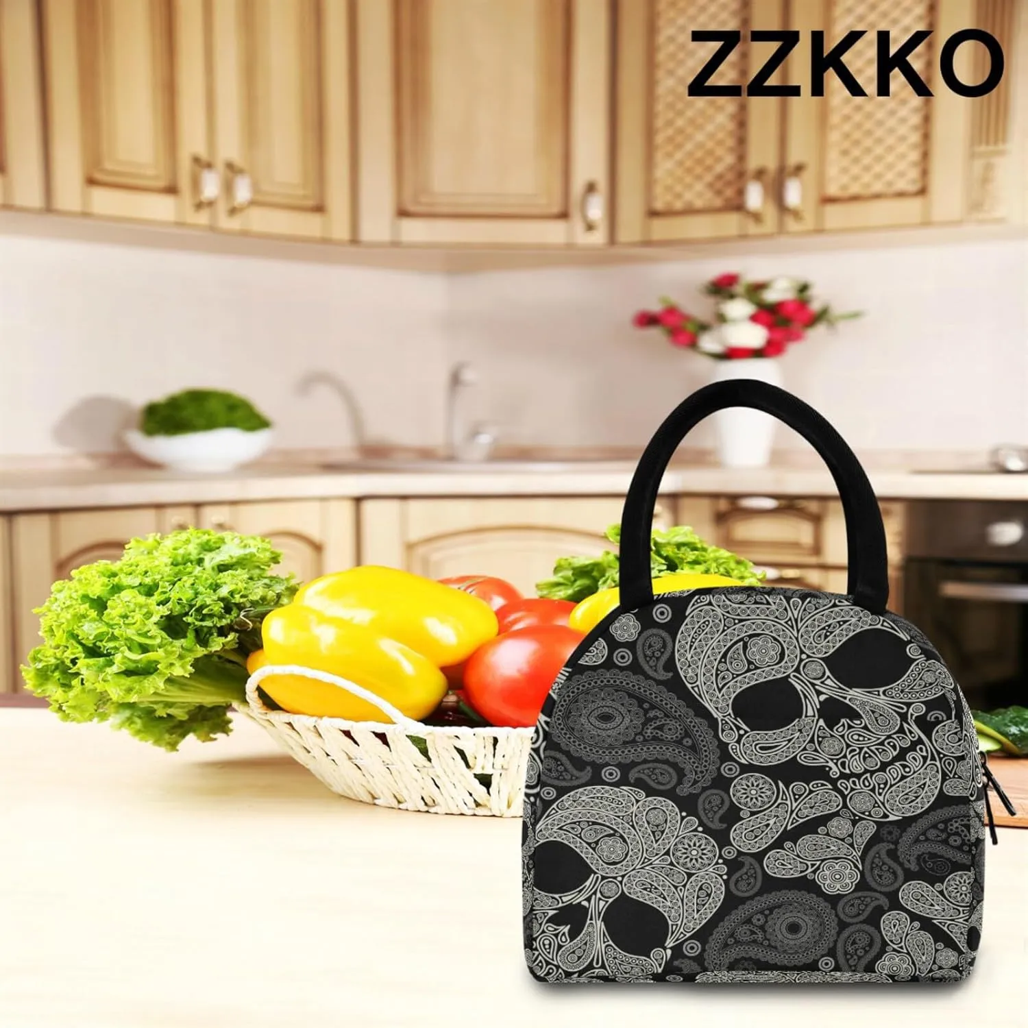ZZKKO Sugar Skull Retro Lunch Bag Box Tote Organizer Lunch Container Insulated Zipper Meal Prep Cooler Handbag For Women Men Home School Office Outdoor Use