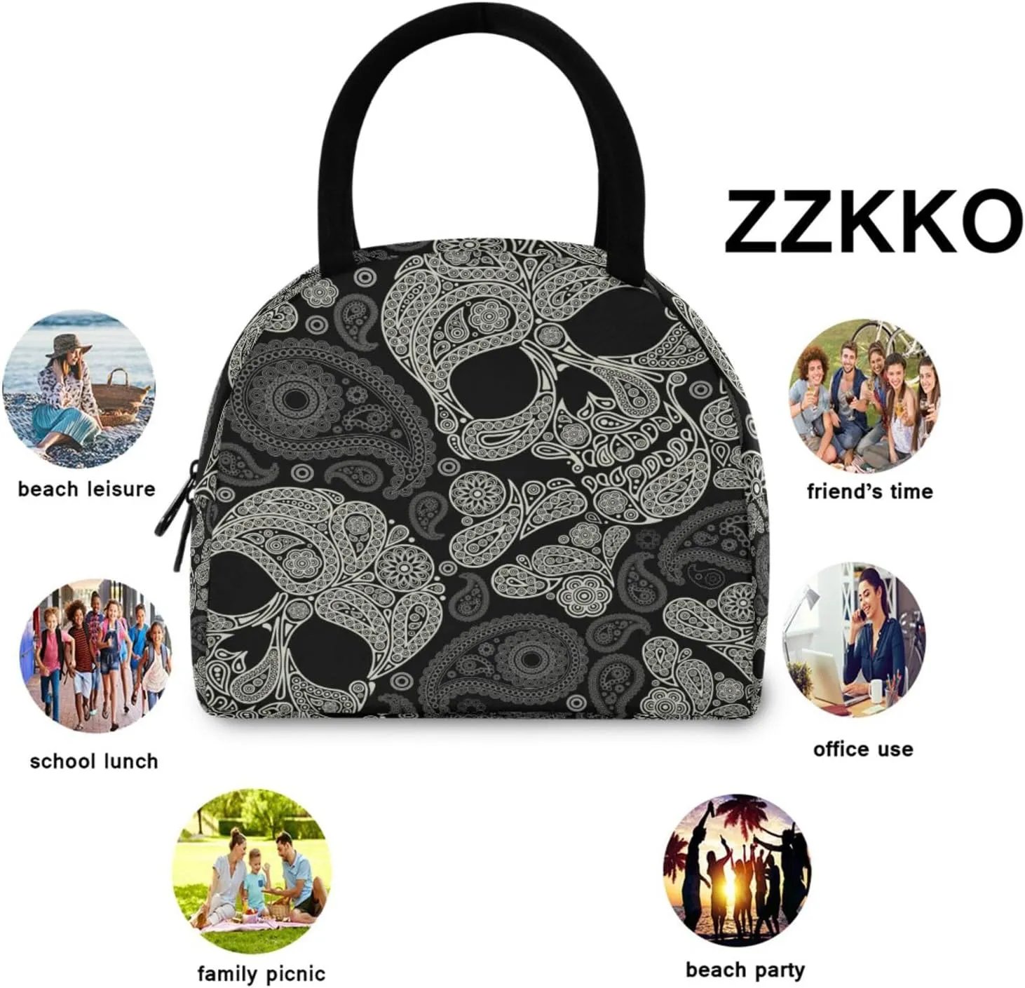 ZZKKO Sugar Skull Retro Lunch Bag Box Tote Organizer Lunch Container Insulated Zipper Meal Prep Cooler Handbag For Women Men Home School Office Outdoor Use
