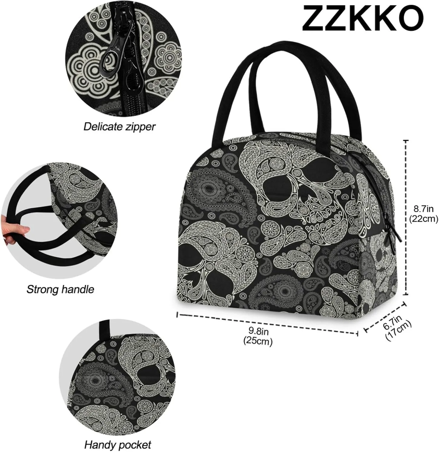 ZZKKO Sugar Skull Retro Lunch Bag Box Tote Organizer Lunch Container Insulated Zipper Meal Prep Cooler Handbag For Women Men Home School Office Outdoor Use